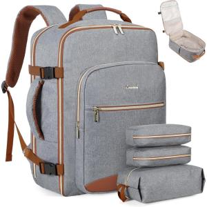 imageLOVEVOOK Carry on Travel Backpack 40L Waterproof Large 17inch Laptop Luggage Daypack as Personal Item Flight Approved Business Weekender Overnight with 3 Packing Cubes Light grayPinkGreybrown