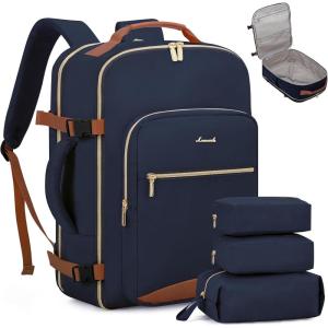 imageLOVEVOOK Carry on Travel Backpack 40L Waterproof Large 17inch Laptop Luggage Daypack as Personal Item Flight Approved Business Weekender Overnight with 3 Packing Cubes Light grayPinkDark Bluebrown