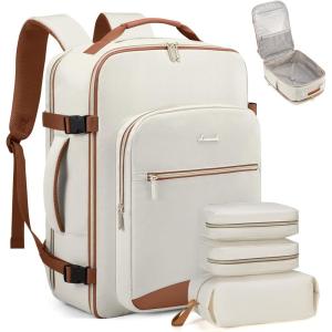 imageLOVEVOOK Carry on Travel Backpack 40L Waterproof Large 17inch Laptop Luggage Daypack as Personal Item Flight Approved Business Weekender Overnight with 3 Packing Cubes Light grayPinkBeigebrown