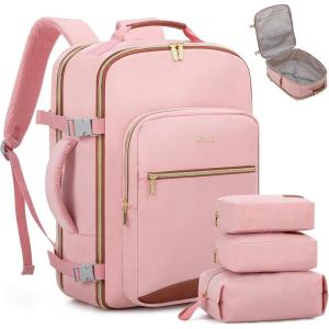 imageLOVEVOOK Carry on Travel Backpack 40L Waterproof Large 17inch Laptop Luggage Daypack as Personal Item Flight Approved Business Weekender Overnight with 3 Packing Cubes Light grayPinkPinkbrown