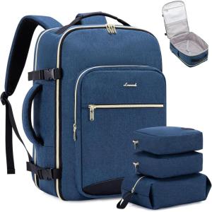 imageLOVEVOOK Carry on Travel Backpack 40L Waterproof Large 17inch Laptop Luggage Daypack as Personal Item Flight Approved Business Weekender Overnight with 3 Packing Cubes Light grayPinkDark Blueblack