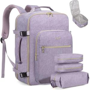 imageLOVEVOOK Carry on Travel Backpack 40L Waterproof Large 17inch Laptop Luggage Daypack as Personal Item Flight Approved Business Weekender Overnight with 3 Packing Cubes Light grayPinkTaro Purple