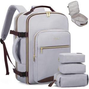 imageLOVEVOOK Carry on Travel Backpack 40L Waterproof Large 17inch Laptop Luggage Daypack as Personal Item Flight Approved Business Weekender Overnight with 3 Packing Cubes Light grayPinkLight Greydark Coffee Color