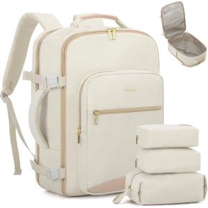 imageLOVEVOOK Carry on Travel Backpack 40L Waterproof Large 17inch Laptop Luggage Daypack as Personal Item Flight Approved Business Weekender Overnight with 3 Packing Cubes Light grayPinkBeigeflesh Beige