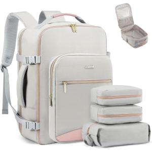 imageLOVEVOOK Carry on Travel Backpack 40L Waterproof Large 17inch Laptop Luggage Daypack as Personal Item Flight Approved Business Weekender Overnight with 3 Packing Cubes Light grayPinkAlight Graypink