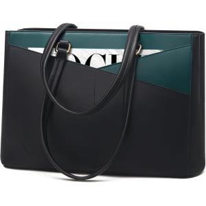imageLOVEVOOK Laptop Tote Bag for Women 156 Inch Waterproof Leather Computer Bags Business Office Work Briefcase BlackBlackGreen