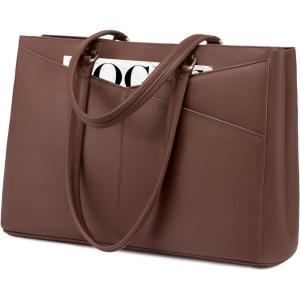 imageLOVEVOOK Laptop Tote Bag for Women 156 Inch Waterproof Leather Computer Bags Business Office Work Briefcase BlackDark Brown