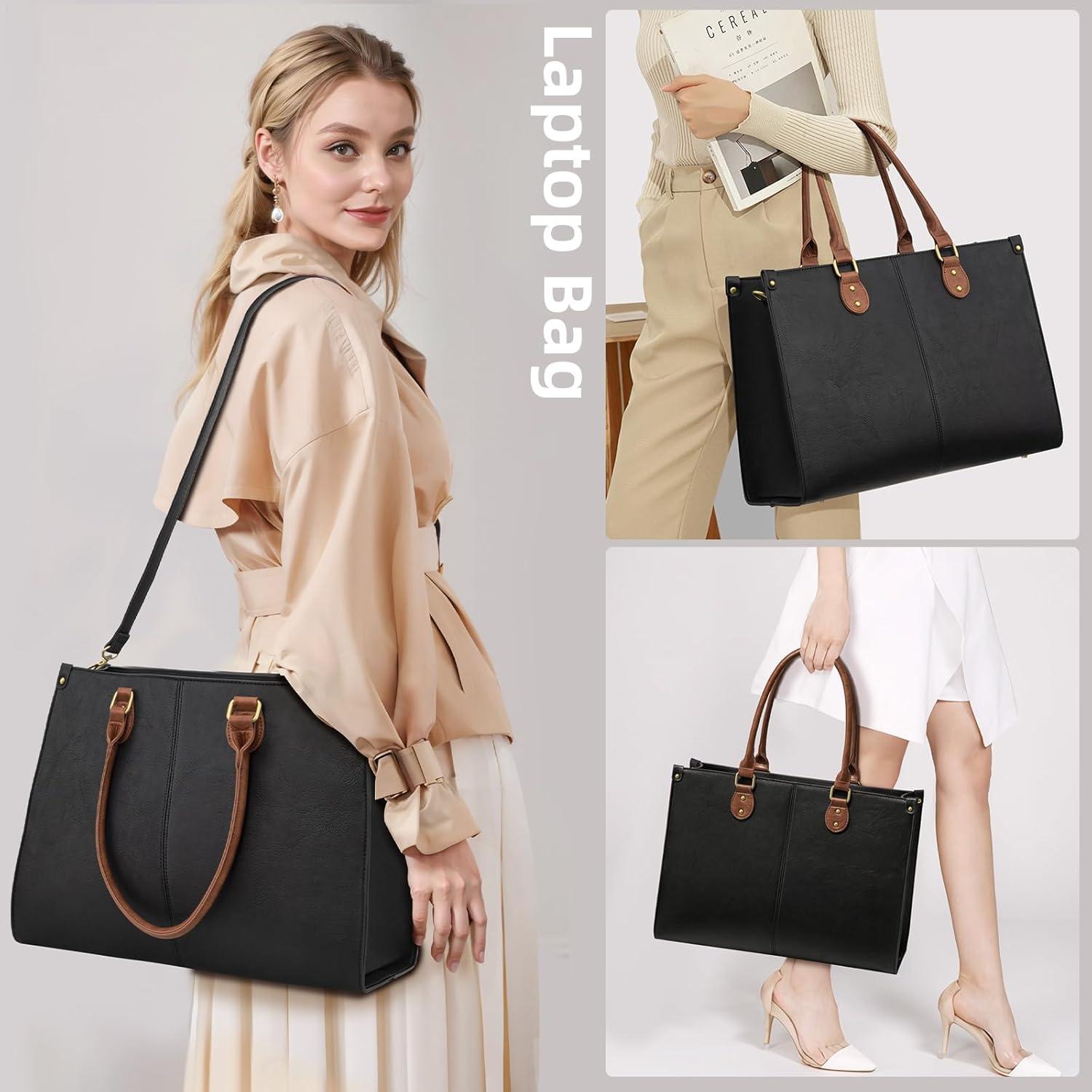 imageLOVEVOOK Laptop Bag for Women 156 inch Laptop Tote Bag Vintage Work Bags for Women Computer Bag Office Briefcase HandbagBlack  Brown