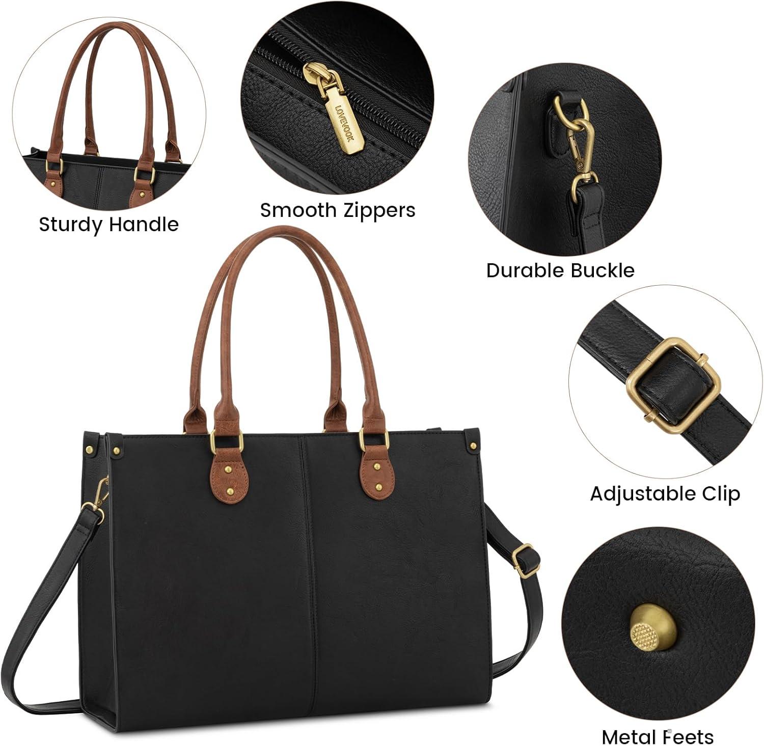 imageLOVEVOOK Laptop Bag for Women 156 inch Laptop Tote Bag Vintage Work Bags for Women Computer Bag Office Briefcase HandbagBlack  Brown