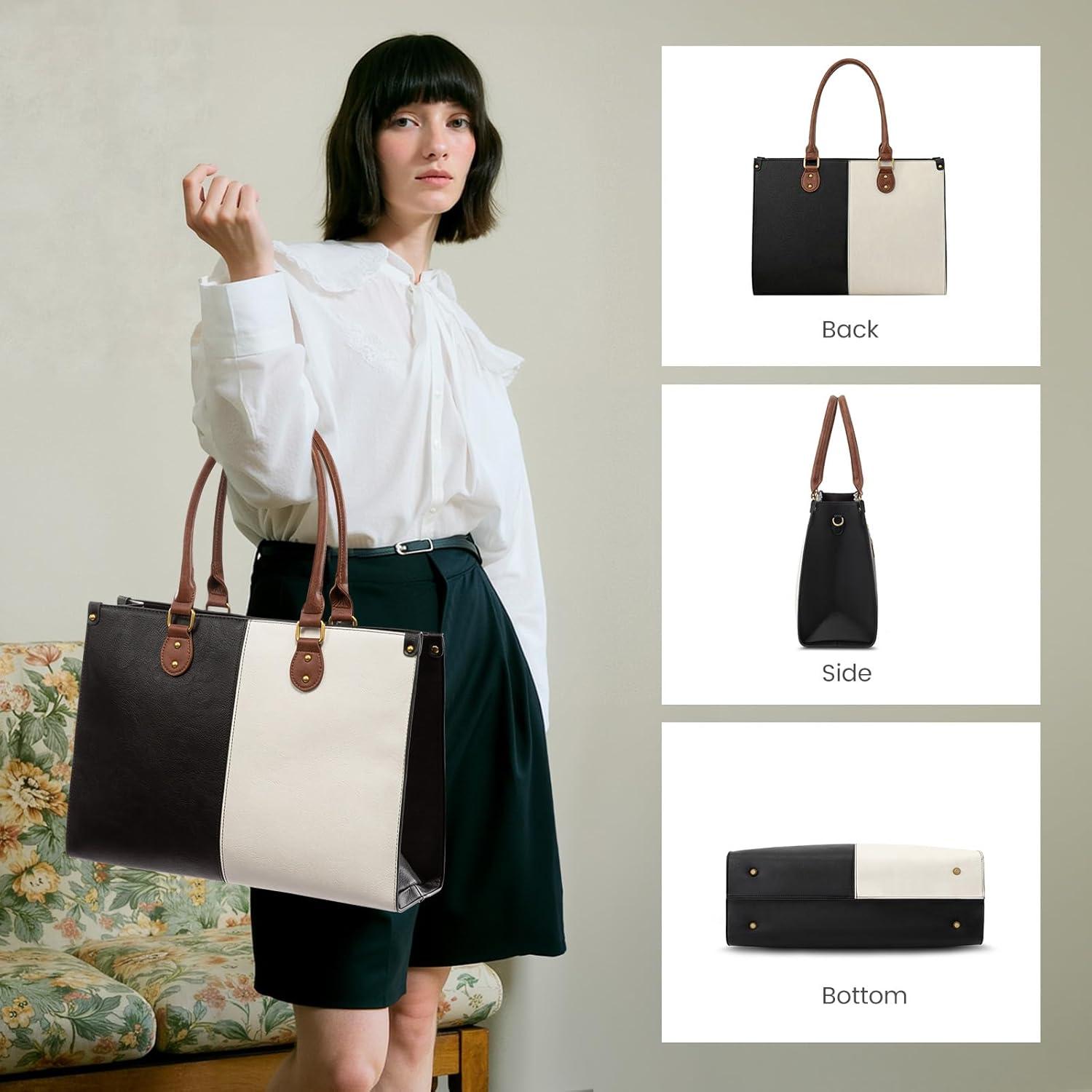 imageLOVEVOOK Laptop Bag for Women 156 inch Laptop Tote Bag Vintage Work Bags for Women Computer Bag Office Briefcase HandbagBlack  White  Brown