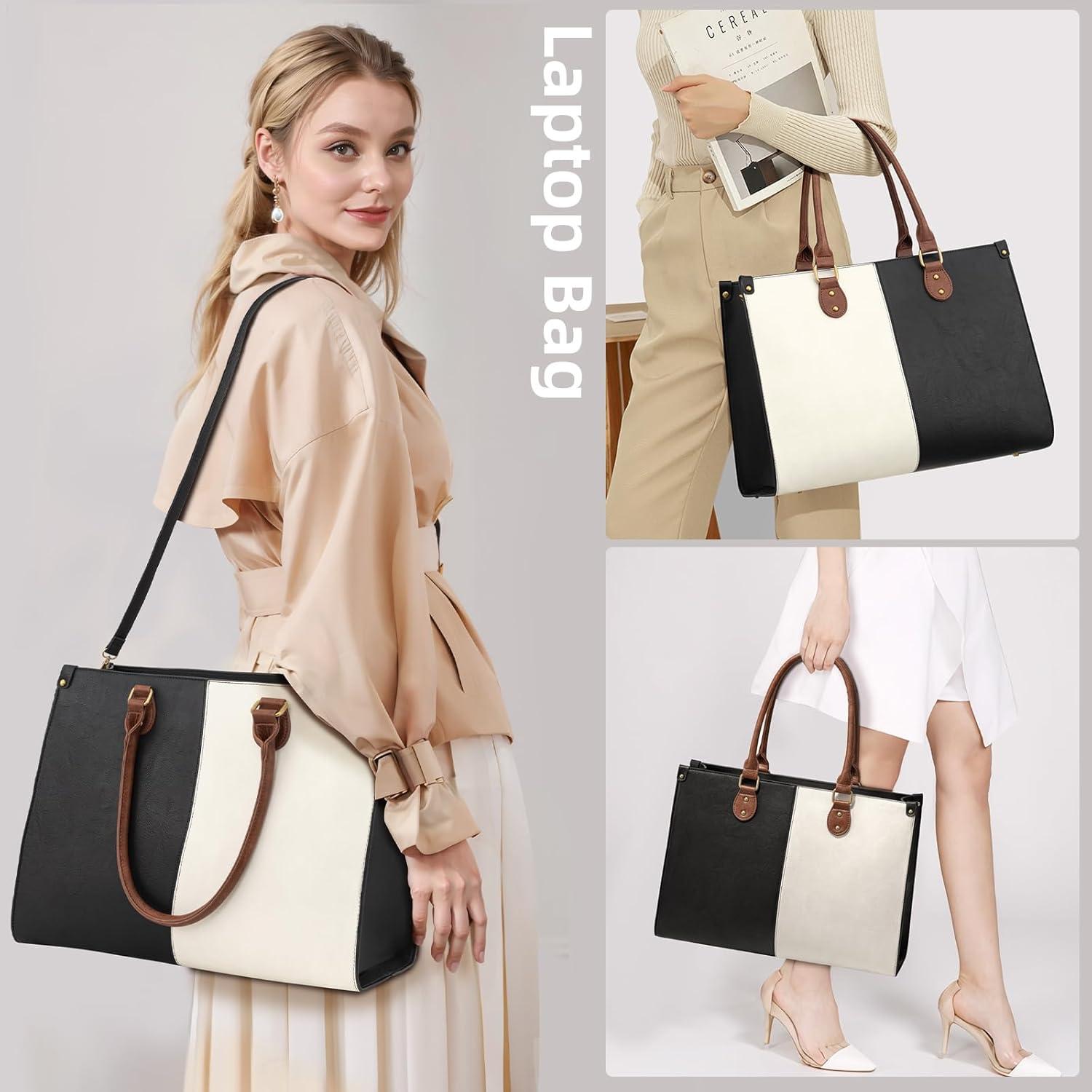 imageLOVEVOOK Laptop Bag for Women 156 inch Laptop Tote Bag Vintage Work Bags for Women Computer Bag Office Briefcase HandbagBlack  White  Brown