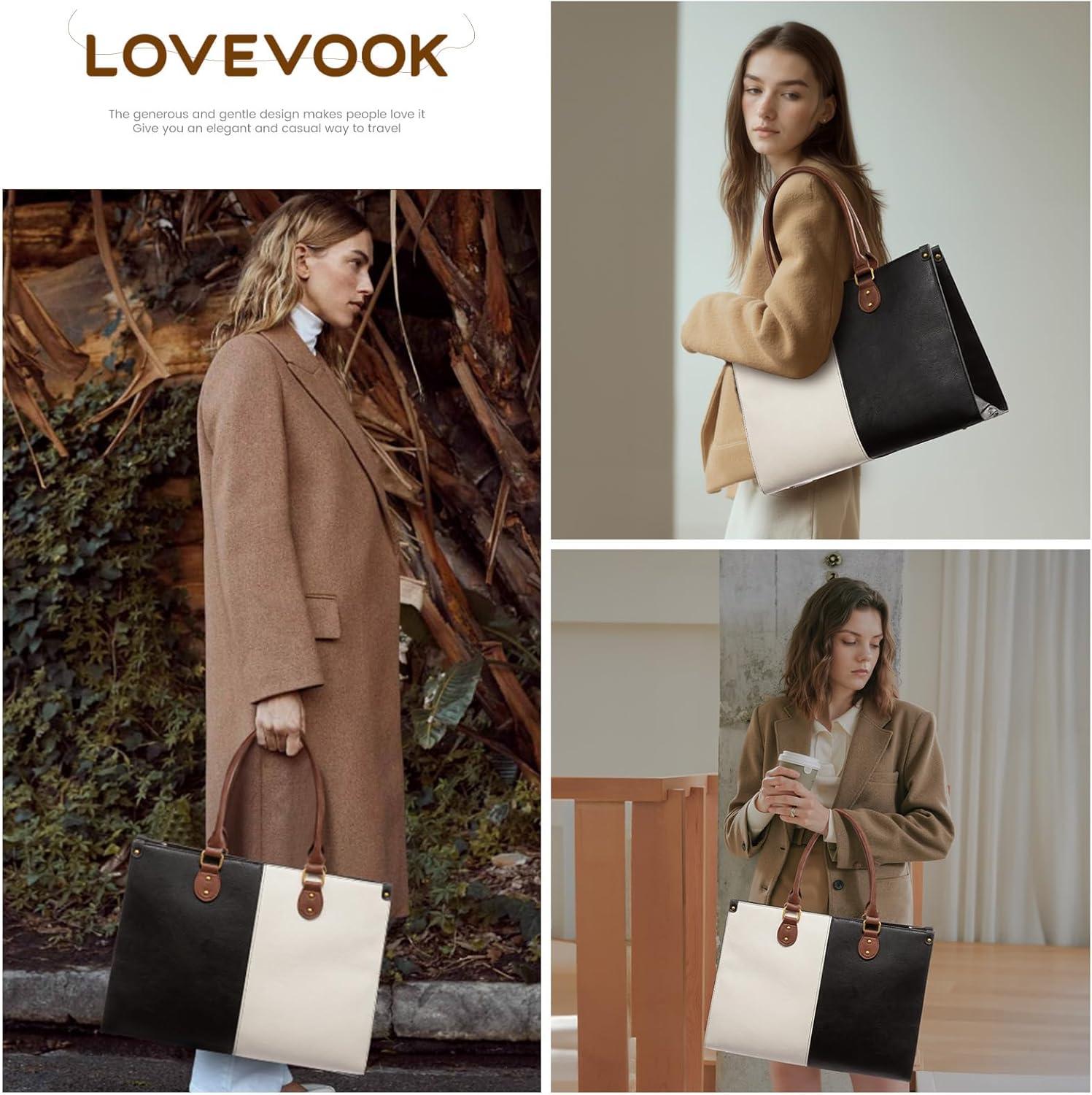 imageLOVEVOOK Laptop Bag for Women 156 inch Laptop Tote Bag Vintage Work Bags for Women Computer Bag Office Briefcase HandbagBlack  White  Brown