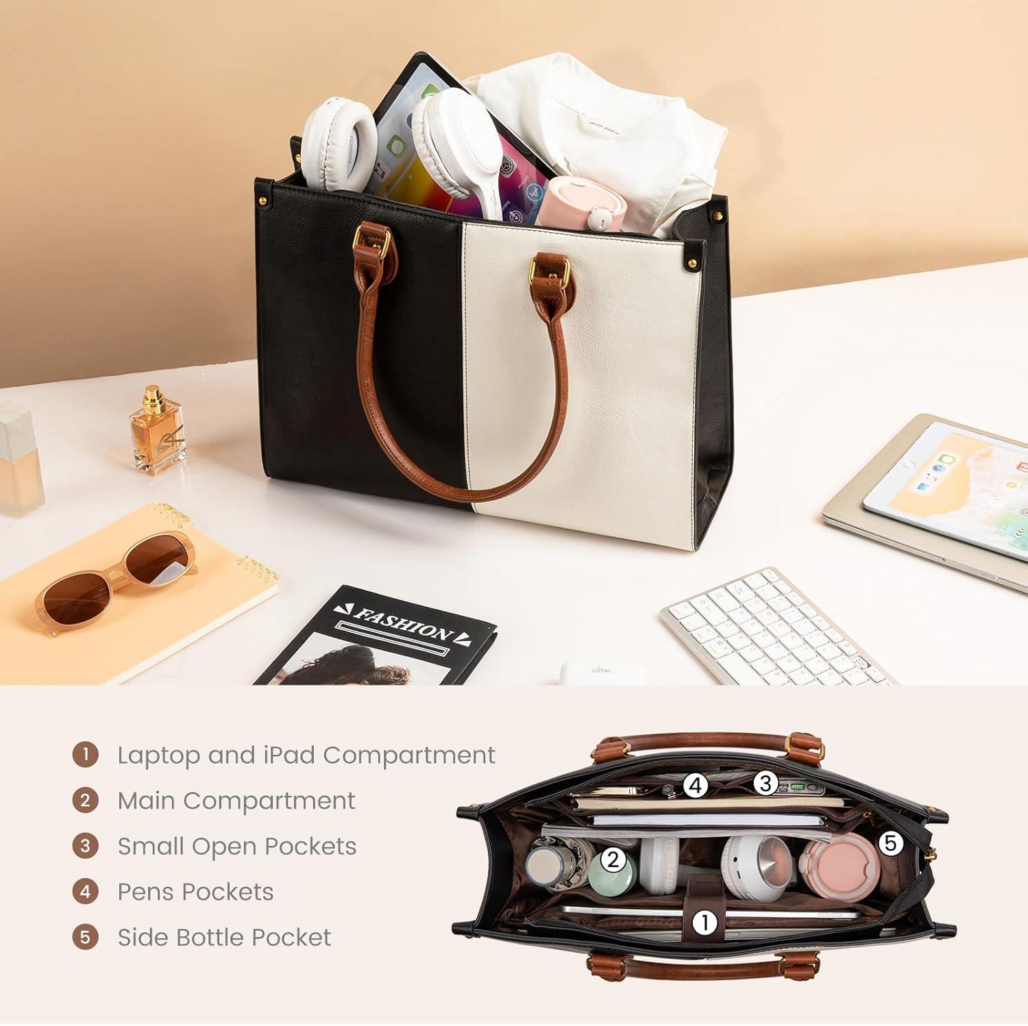 imageLOVEVOOK Laptop Bag for Women 156 inch Laptop Tote Bag Vintage Work Bags for Women Computer Bag Office Briefcase HandbagBlack  White  Brown