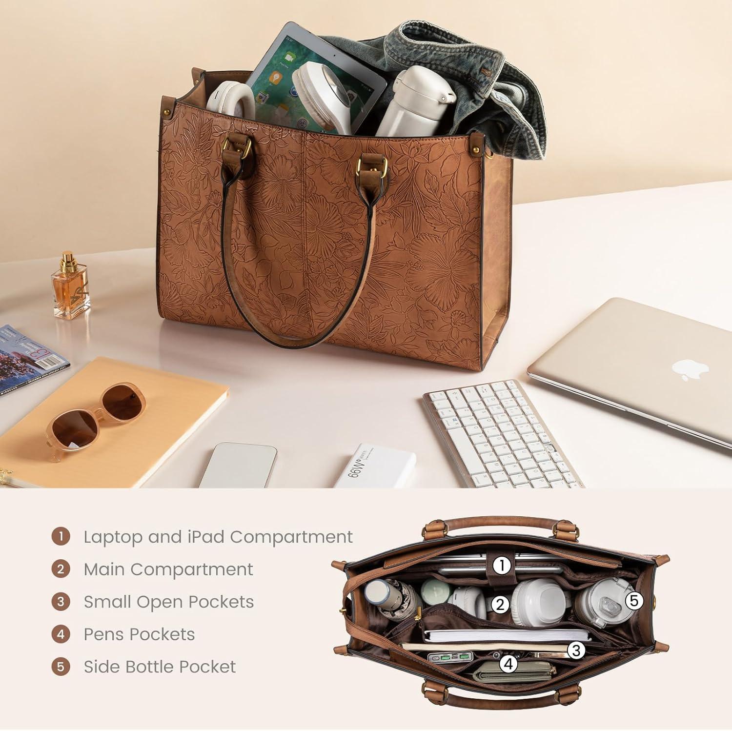 imageLOVEVOOK Laptop Bag for Women 156 inch Laptop Tote Bag Vintage Work Bags for Women Computer Bag Office Briefcase HandbagBrown Embossed