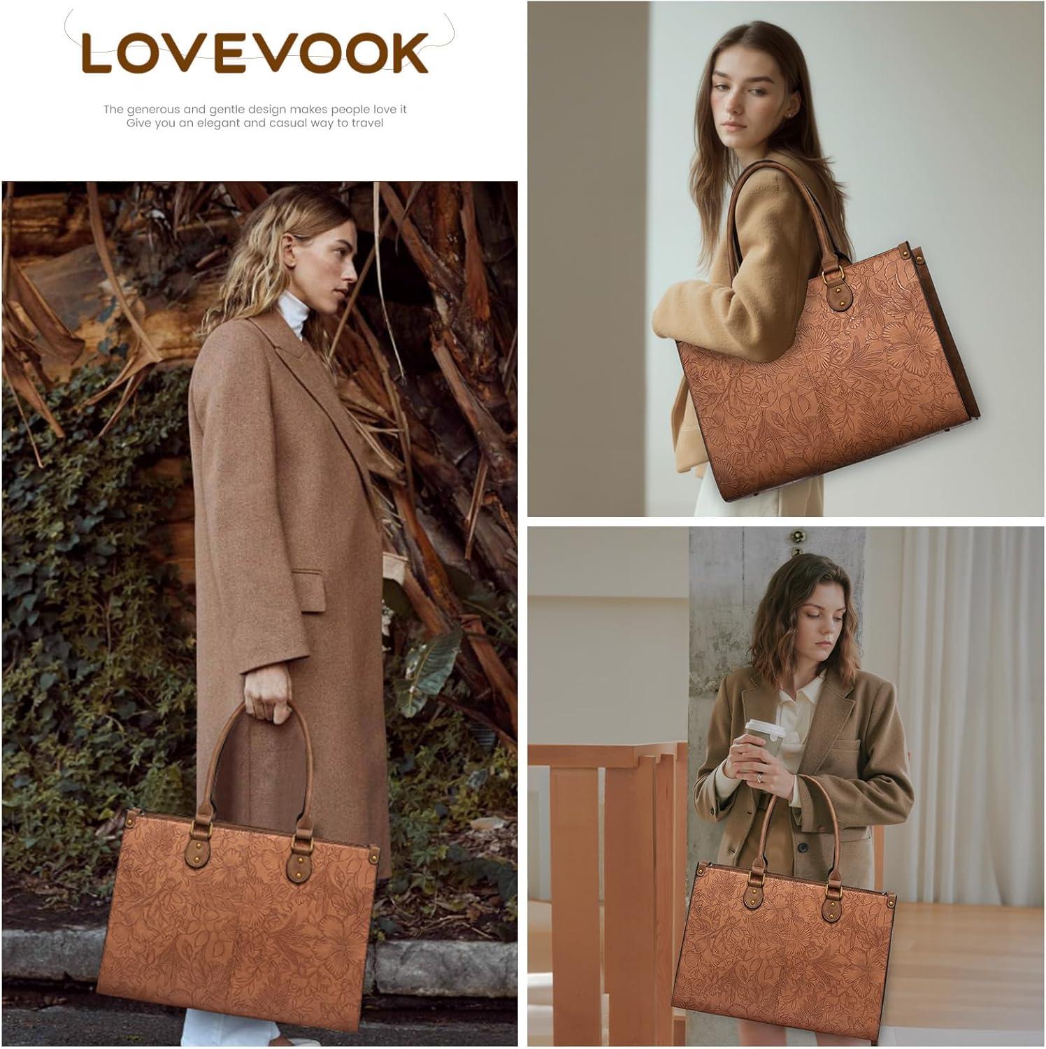 imageLOVEVOOK Laptop Bag for Women 156 inch Laptop Tote Bag Vintage Work Bags for Women Computer Bag Office Briefcase HandbagBrown Embossed