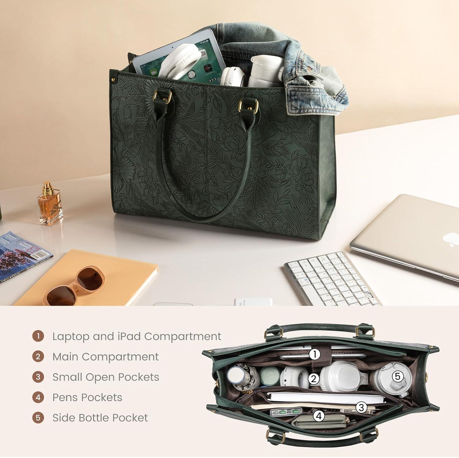imageLOVEVOOK Laptop Bag for Women 156 inch Laptop Tote Bag Vintage Work Bags for Women Computer Bag Office Briefcase HandbagGreen Embossed
