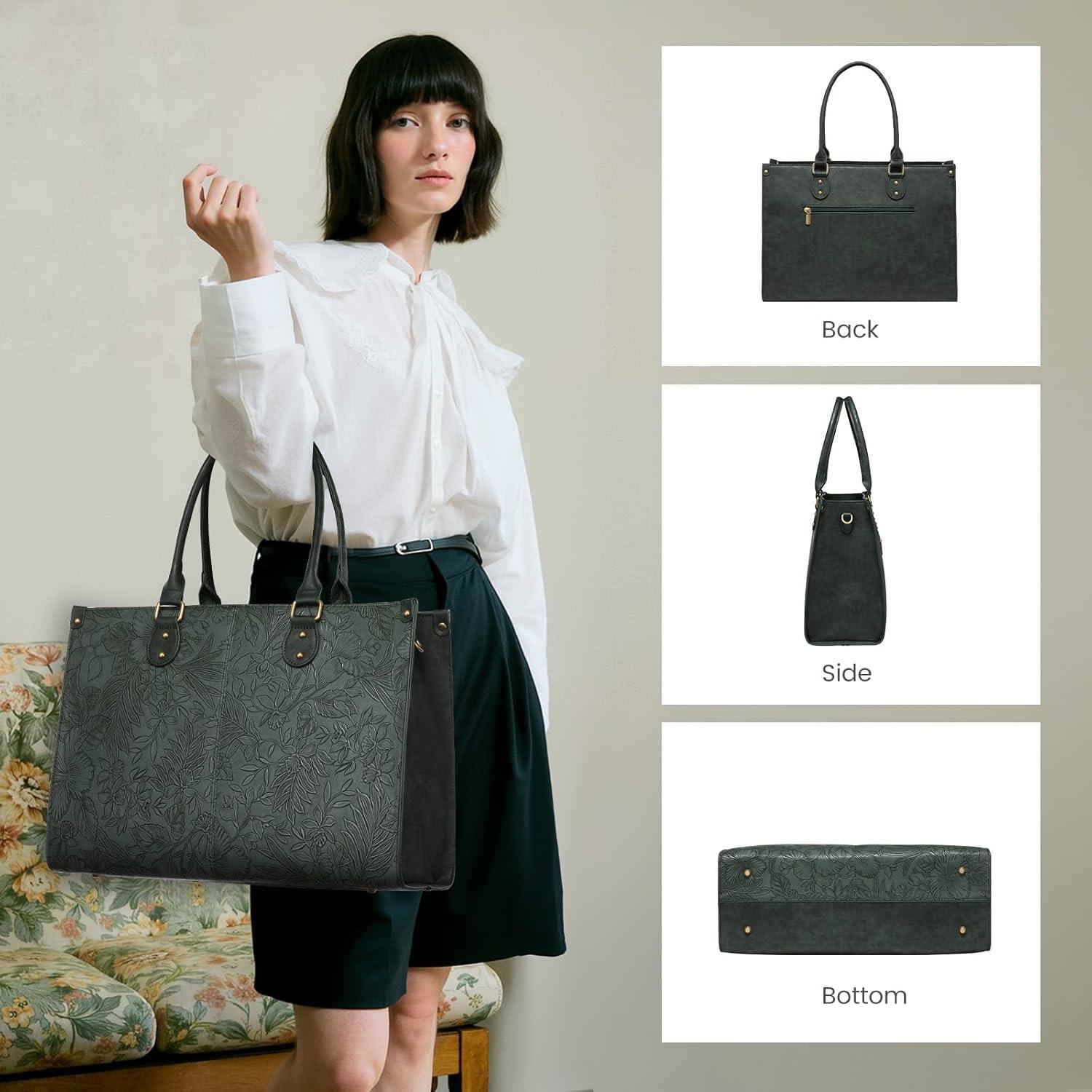 imageLOVEVOOK Laptop Bag for Women 156 inch Laptop Tote Bag Vintage Work Bags for Women Computer Bag Office Briefcase HandbagGreen Embossed