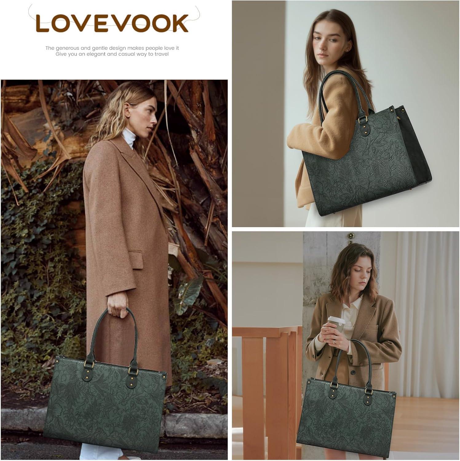 imageLOVEVOOK Laptop Bag for Women 156 inch Laptop Tote Bag Vintage Work Bags for Women Computer Bag Office Briefcase HandbagGreen Embossed