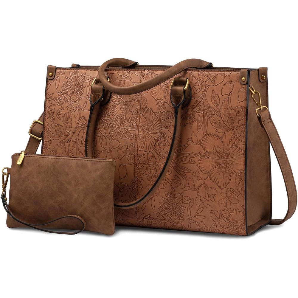 imageLOVEVOOK Laptop Bag for Women 156 inch Laptop Tote Bag Vintage Work Bags for Women Computer Bag Office Briefcase HandbagBrown Embossed