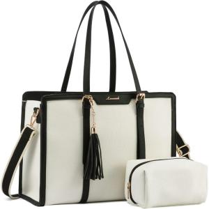 imageLOVEVOOK 156inch Canvas Laptop Tote with Clutch for Women  Lightweight Large Capacity for Work Travel SchoolBeige  Black