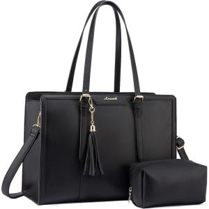 imageLOVEVOOK 156inch Canvas Laptop Tote with Clutch for Women  Lightweight Large Capacity for Work Travel SchoolBlack  Leather