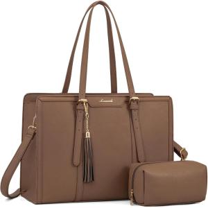 imageLOVEVOOK 156inch Canvas Laptop Tote with Clutch for Women  Lightweight Large Capacity for Work Travel SchoolKhaki