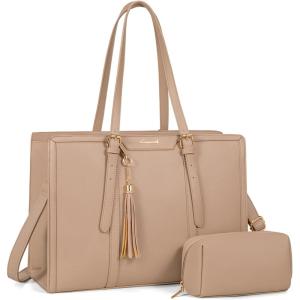 imageLOVEVOOK 156inch Canvas Laptop Tote with Clutch for Women  Lightweight Large Capacity for Work Travel SchoolLight Brown