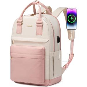 imageLOVEVOOK Laptop Backpack for Women Men 156 Inch Laptop Bag with USB Port Fashion Waterproof Backpacks Teacher Nurse Stylish Travel Bags Vintage Daypacks Bookbag for College School WorkPink  Beige