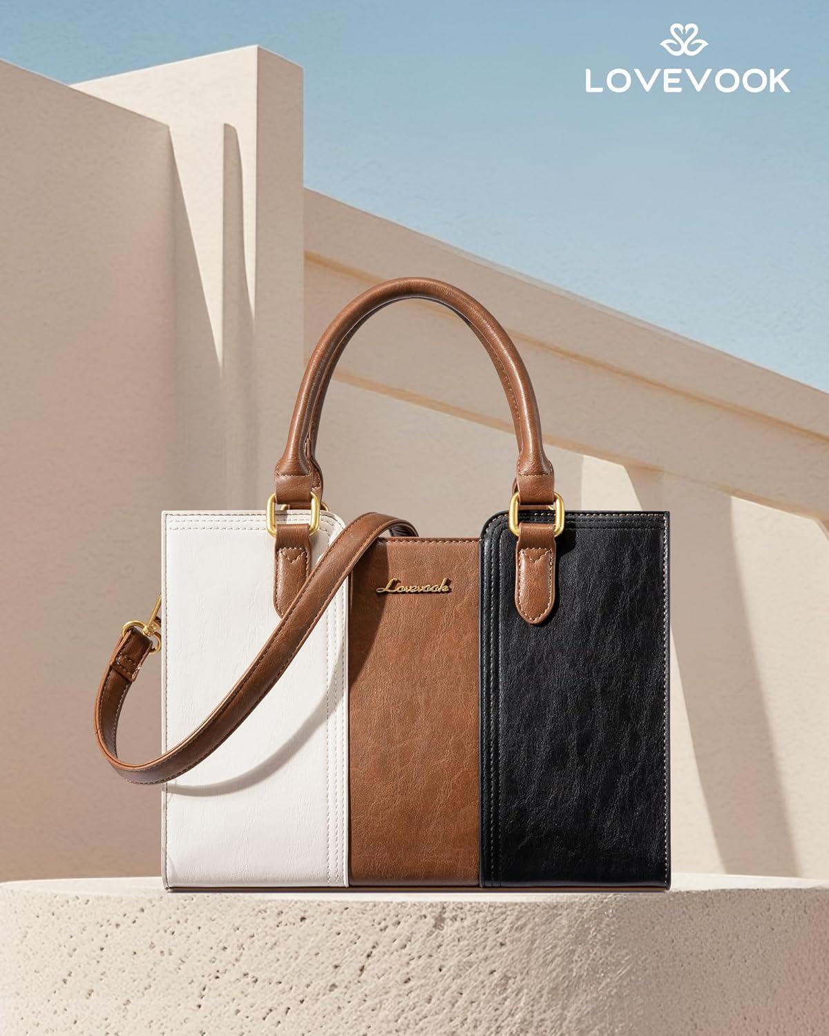 imageLOVEVOOK Purse for Women Vintage Leather Shoulder Handbag Small Ladies Satchel Tote Purse Top Handle Crossbody Bag for WorkBlackwhitebrown