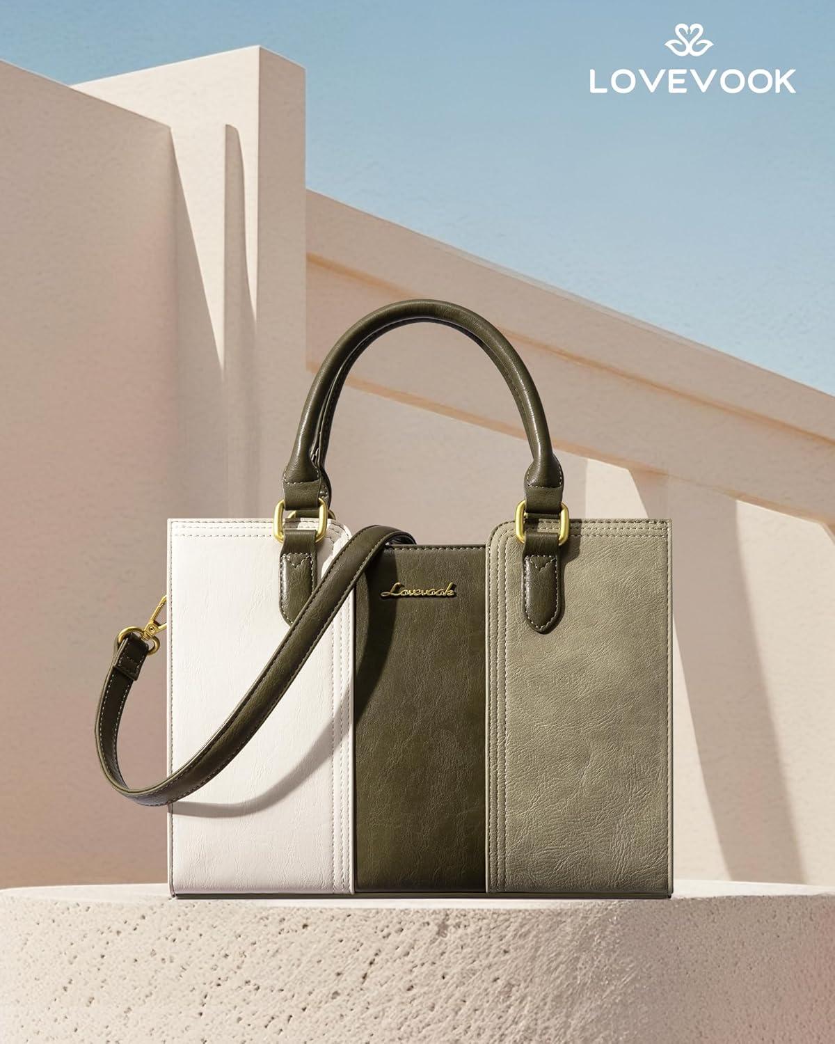 imageLOVEVOOK Purse for Women Vintage Leather Shoulder Handbag Small Ladies Satchel Tote Purse Top Handle Crossbody Bag for WorkOlive Greenlight Greenbeige