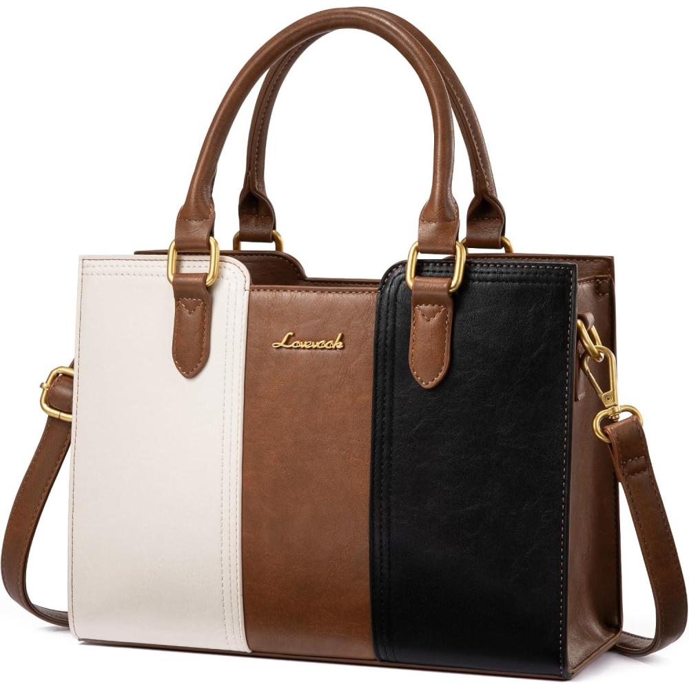 imageLOVEVOOK Purse for Women Vintage Leather Shoulder Handbag Small Ladies Satchel Tote Purse Top Handle Crossbody Bag for WorkBlackwhitebrown