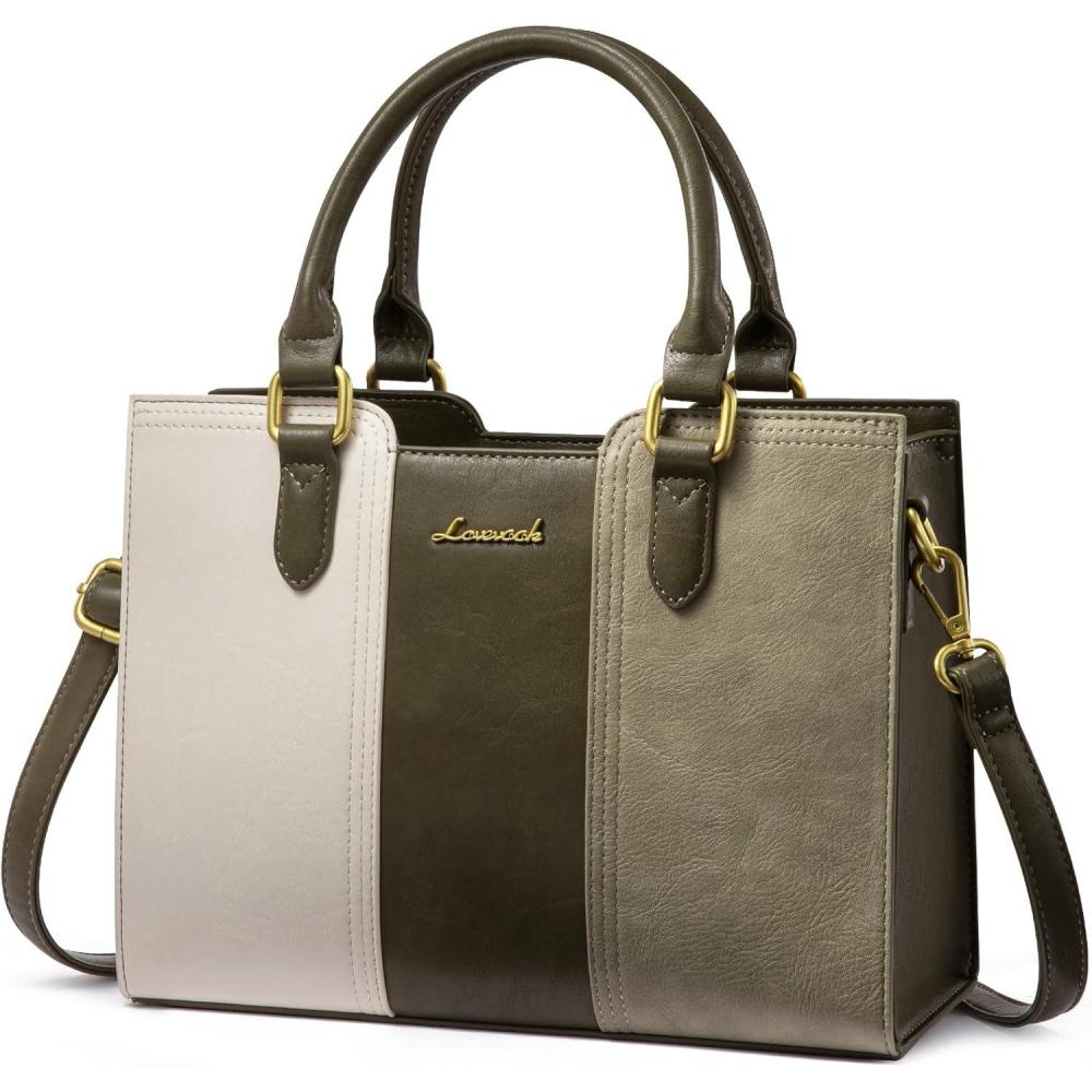 imageLOVEVOOK Purse for Women Vintage Leather Shoulder Handbag Small Ladies Satchel Tote Purse Top Handle Crossbody Bag for WorkOlive Greenlight Greenbeige