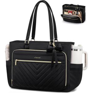 imageLOVEVOOK Teacher Tote Bag for Women Work Bags Laptop Bag with Large Cup Holder Quilted Nurse Bag Diaper Tote with MultiPockets Large Computer Handbag Purse for Bussiness Travel Office CollegeBlack