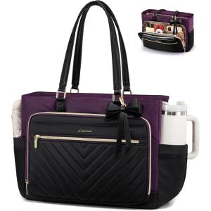 imageLOVEVOOK Teacher Tote Bag for Women Work Bags Laptop Bag with Large Cup Holder Quilted Nurse Bag Diaper Tote with MultiPockets Large Computer Handbag Purse for Bussiness Travel Office CollegeBlackpurple