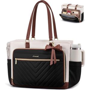imageLOVEVOOK Teacher Tote Bag for Women Work Bags Laptop Bag with Large Cup Holder Quilted Nurse Bag Diaper Tote with MultiPockets Large Computer Handbag Purse for Bussiness Travel Office CollegeBlackbeigebrown